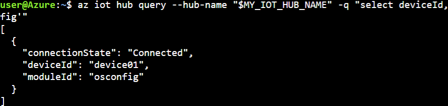 captura de pantalla del comando az iot hub query