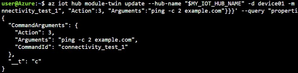 captura de pantalla del comando az iot hub module-twin update (ejemplo de ping)