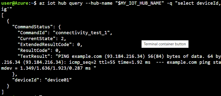 captura de pantalla de az iot query (ejemplo de ping)