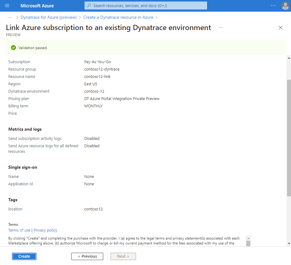 Captura de pantalla que muestra un formulario para revisar y crear un vínculo a un entorno de Dynatrace.