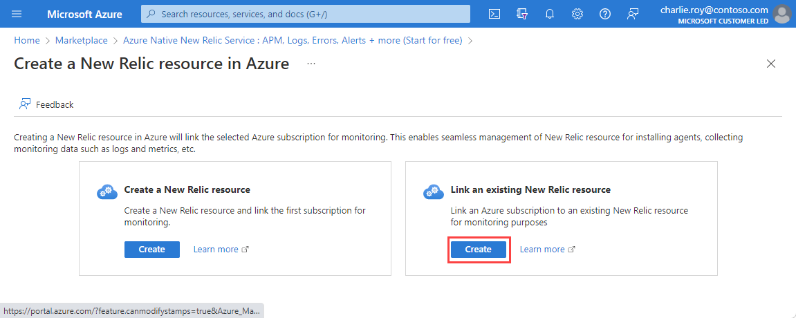 Captura de pantalla que muestra dos opciones para crear un recurso de New Relic en Azure.