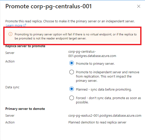 Captura de pantalla del error de promoción cuando falta un punto de conexión virtual.