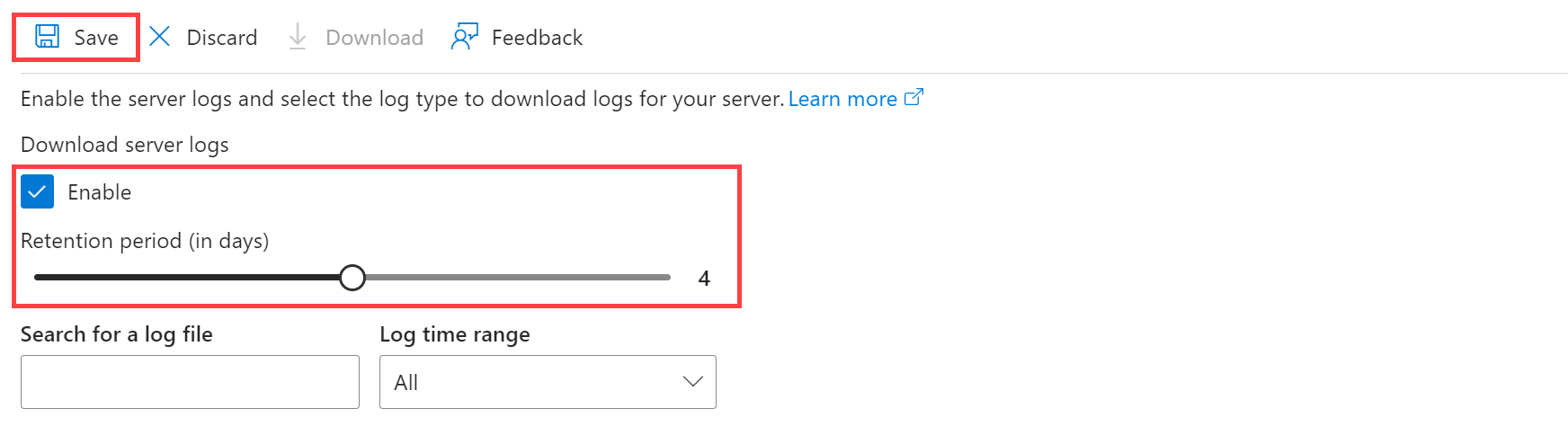 Captura de pantalla en la que se muestra la opción para habilitar los registros del servidor.