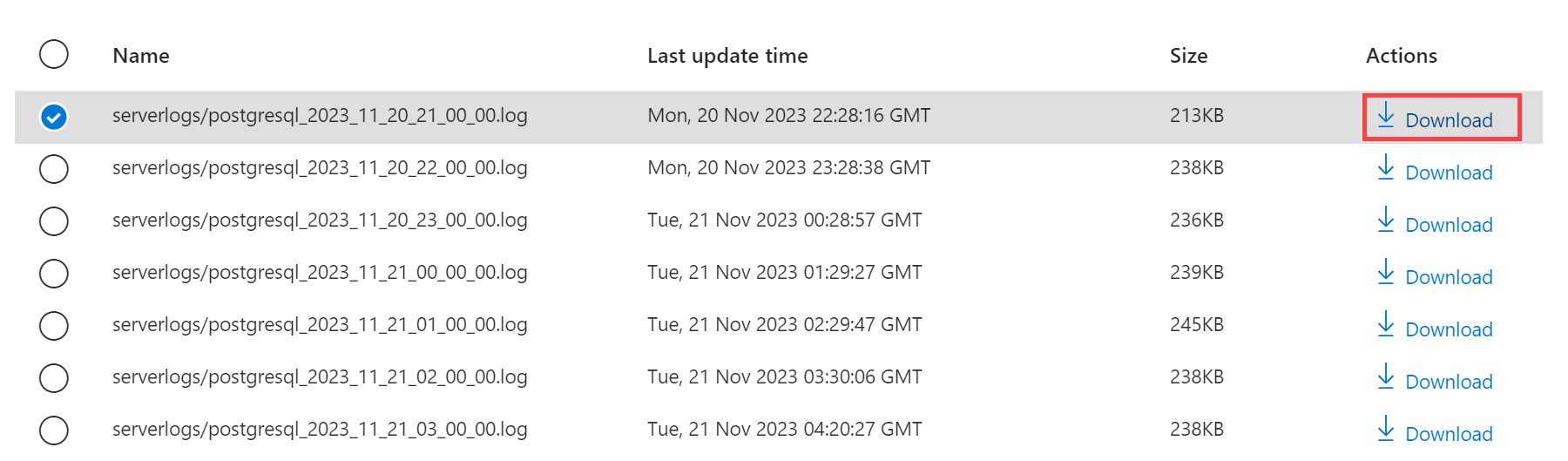 Captura de pantalla que muestra registros del servidor: descarga.