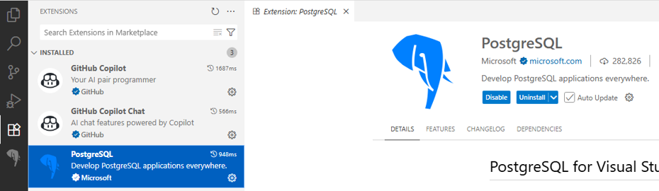 Captura de pantalla de la instalación de la extensión postgreSQL en VS Code.