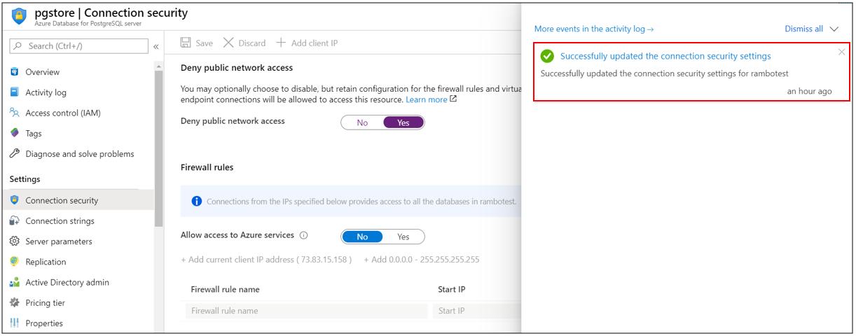 Denegación de acceso de red correcta para el servidor único de Azure Database for PostgreSQL