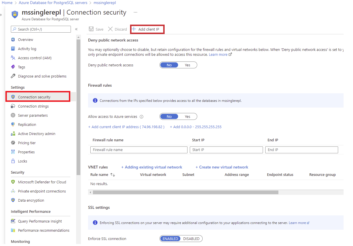 Azure Portal: seleccione Seguridad de la conexión.