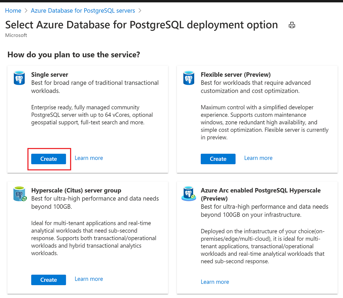 Inicio rápido: Creación de un servidor (Azure Portal): Azure Database for  PostgreSQL (servidor único) | Microsoft Learn