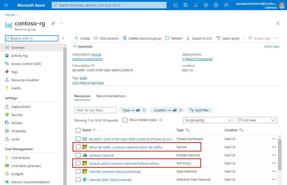 Captura de pantalla de Azure Portal en la que se muestra un grupo de recursos que contiene SIM recientemente aprovisionadas.