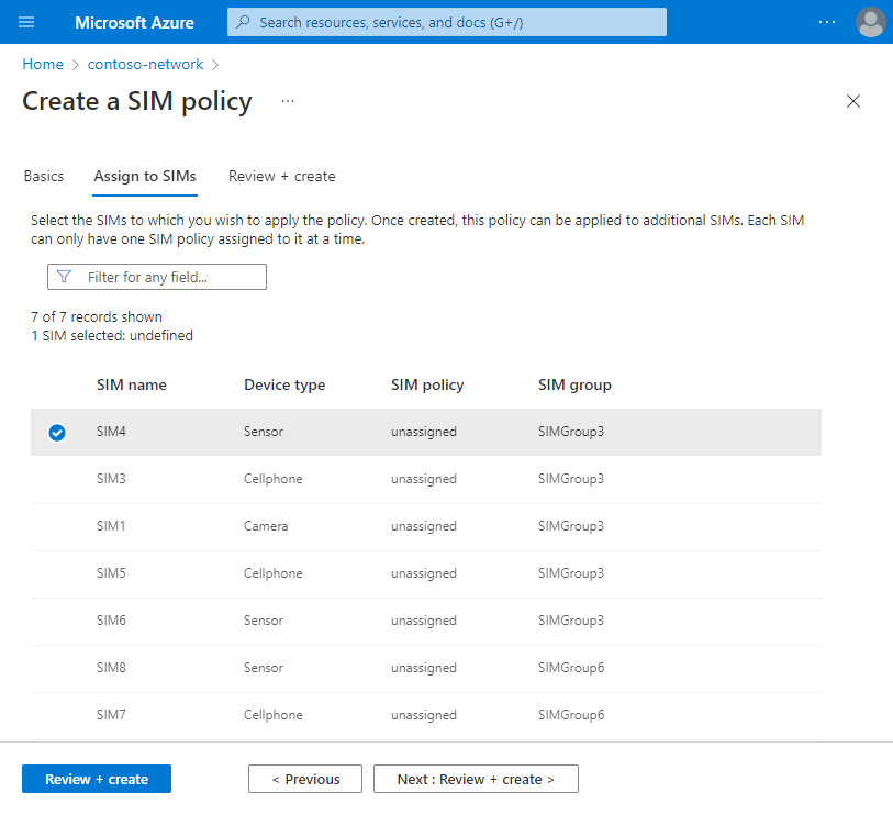 Screenshot of the Azure portal. It shows the Assign to SIMs tab for a SIM policy.