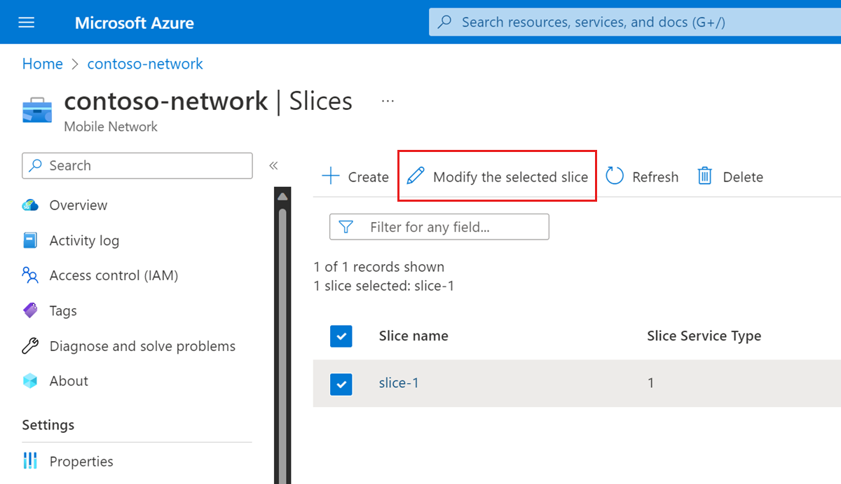Screenshot of the Azure portal showing the Modify the selected slice option.
