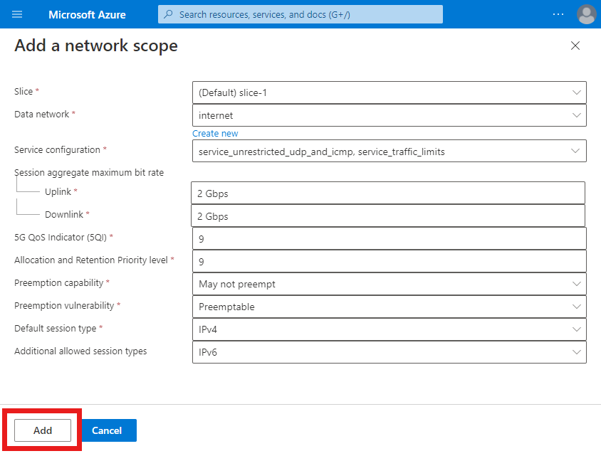 Captura de pantalla de Azure Portal que muestra la pantalla Agregar un ámbito de red. La opción Agregar está resaltada.