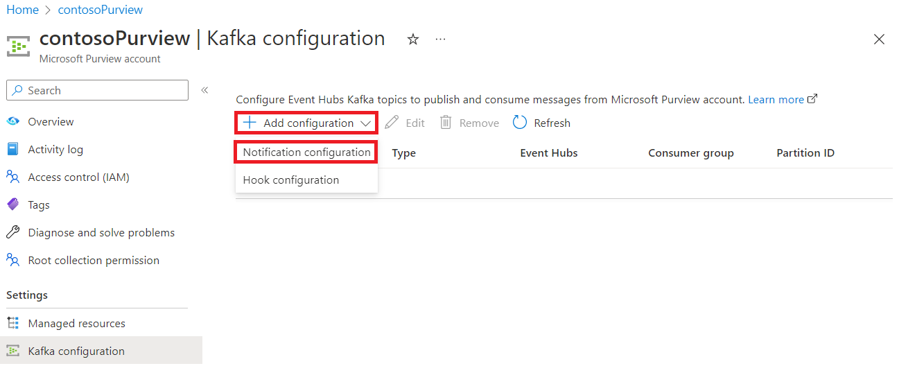 Captura de pantalla que muestra la página de configuración de Kafka con agregar configuración y configuración de notificación resaltados.