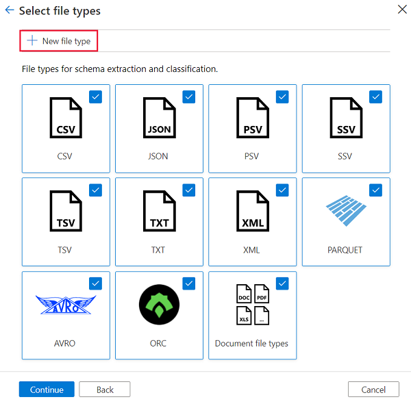 Captura de pantalla que muestra cómo seleccionar Nuevo tipo de archivo en la página Seleccionar tipos de archivo.