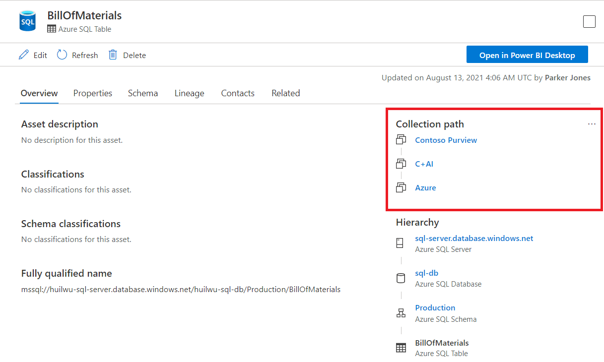 Captura de pantalla de la ventana de recursos del portal de gobernanza de Microsoft Purview, con la ruta de acceso de la colección resaltada.