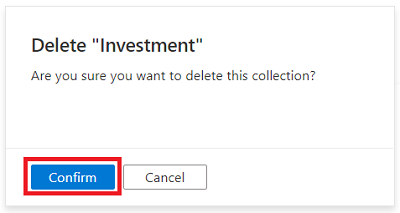 Captura de pantalla de la ventana del portal de gobernanza de Microsoft Purview que muestra el mensaje de confirmación para eliminar una colección