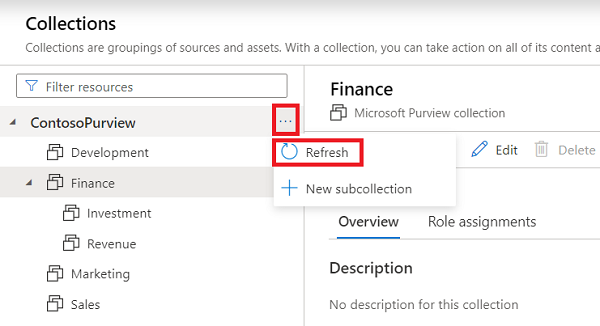 Captura de pantalla de la ventana de recopilación del portal de gobernanza de Microsoft Purview, con el botón junto al nombre del recurso seleccionado y el botón Actualizar resaltado.