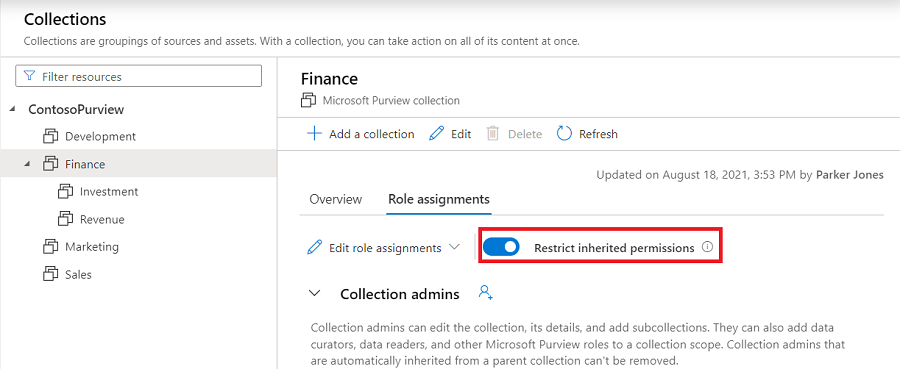 Captura de pantalla de la ventana de recopilación del portal de gobernanza de Microsoft Purview, con la pestaña Asignaciones de roles seleccionada y el botón de diapositiva Permisos heredados sin restricciones resaltado.