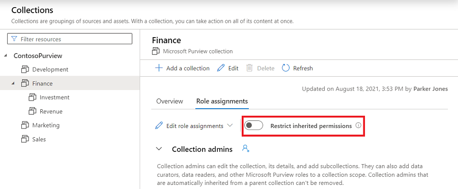 Captura de pantalla de la ventana de recopilación del portal de gobernanza de Microsoft Purview, con la pestaña Asignaciones de roles seleccionada y el botón de diapositiva Restringir permisos heredados resaltado.