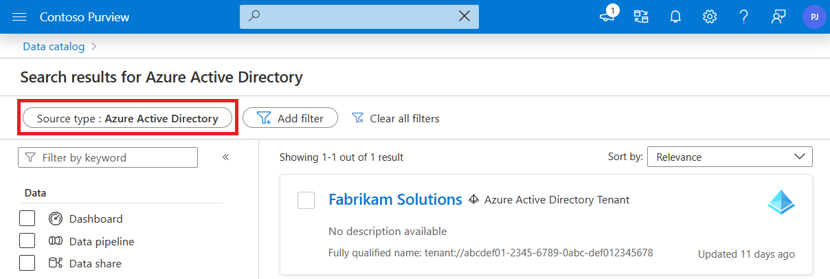 Captura de pantalla de la búsqueda del catálogo de datos, con el filtro establecido en Azure Active Directory.
