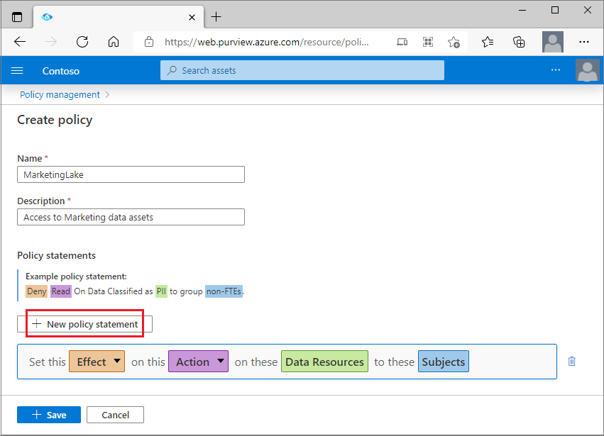 Captura de pantalla que muestra que el propietario de los datos puede crear una nueva instrucción de directiva.