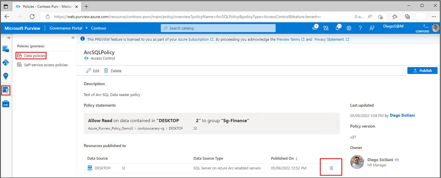 Captura de pantalla que muestra cómo anular la publicación de una directiva de propietario de datos.