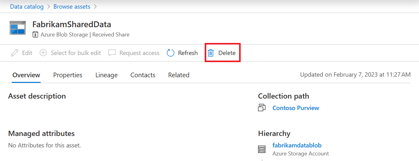 Captura de pantalla de un recurso compartido recibido, con el botón Eliminar resaltado.