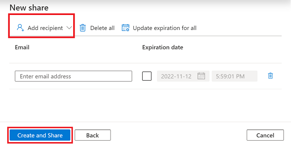 Captura de pantalla que muestra la página Agregar destinatarios, con el botón Agregar destinatario resaltado, se muestra la opción de correo electrónico de usuario predeterminada.