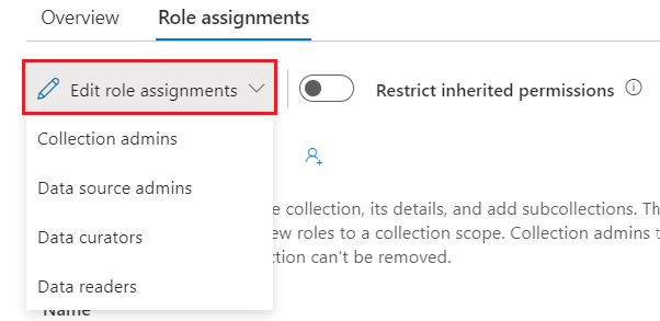Captura de pantalla de la ventana de recopilación del portal de gobernanza de Microsoft Purview, con la lista desplegable Editar asignaciones de roles seleccionada.