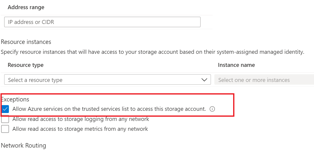 Captura de pantalla que muestra las excepciones para permitir que los servicios de Microsoft de confianza accedan a la cuenta de almacenamiento