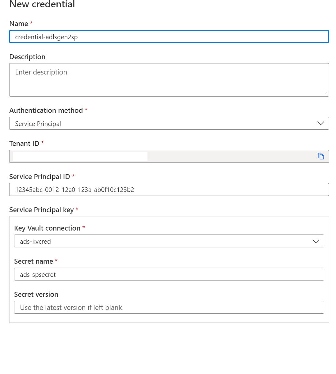 Captura de pantalla que muestra la opción de entidad de servicio