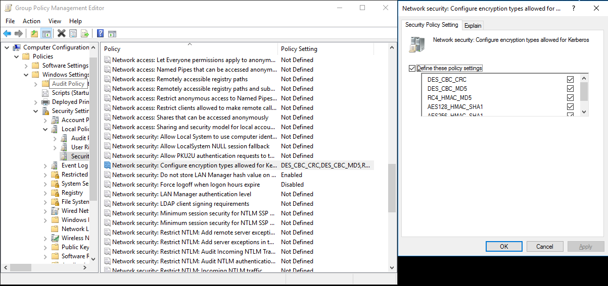 Captura de pantalla del panel Seguridad de red: Configurar los tipos de cifrado permitidos para Kerberos.
