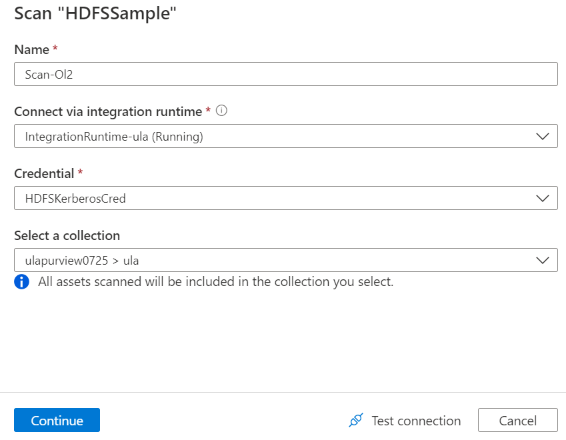 Captura de pantalla de las configuraciones de examen de HDFS en Purview.
