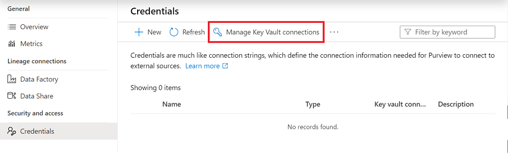 Administración de conexiones de Azure Key Vault.