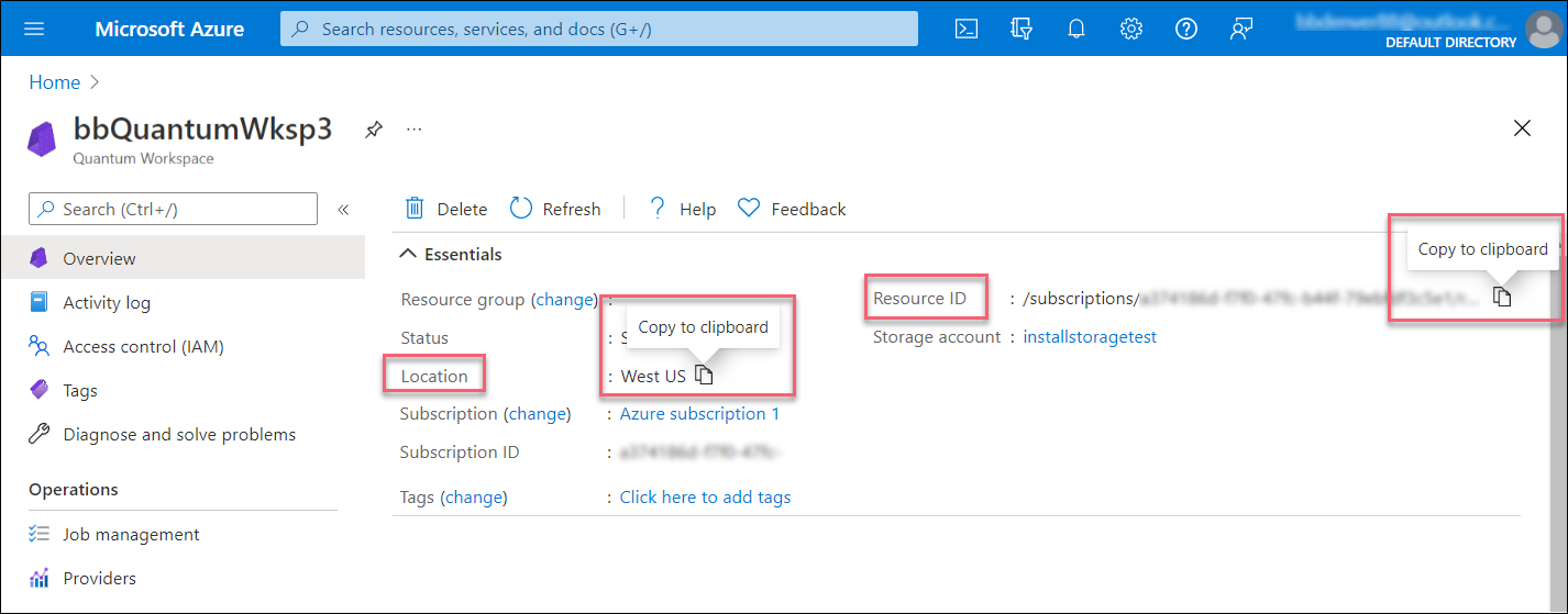 Cómo recuperar el identificador de recurso y la ubicación de un área de trabajo de Azure Quantum