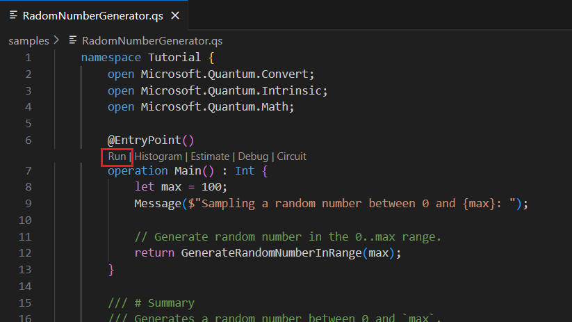Captura de pantalla de Visual Studio Code en la que se muestra dónde encontrar el comando run en el objetivo de código.