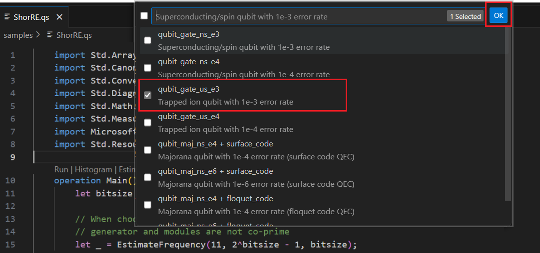 Captura de pantalla que muestra cómo seleccionar el parámetro qubit en el menú de estimación de recursos.