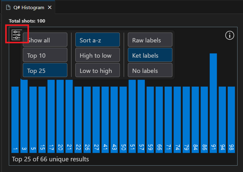 Captura de pantalla de la ventana histograma Q# en Visual Studio Code que muestra cómo mostrar la configuración.