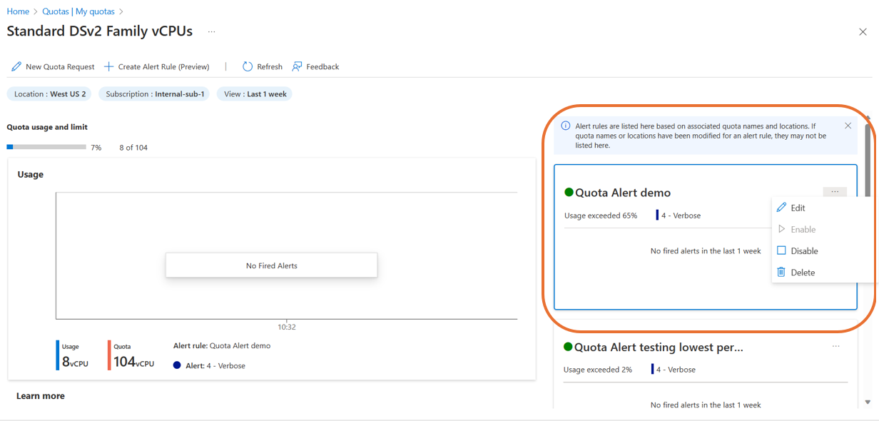 Captura de pantalla que muestra las opciones para cambiar una regla de alertas en Azure Portal.