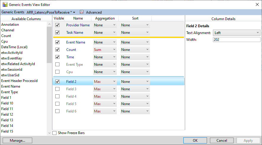 Screenshot of the Generic Events View Editor in the Windows Performance Analyzer tool.