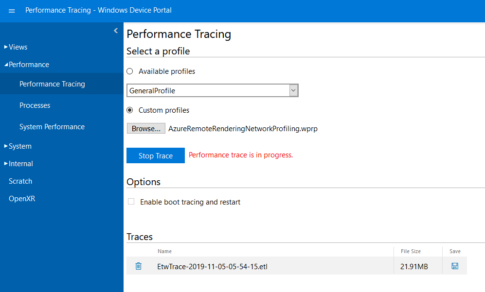 Screenshot of the Performance Tracing webpage in the HoloLens Device Portal.