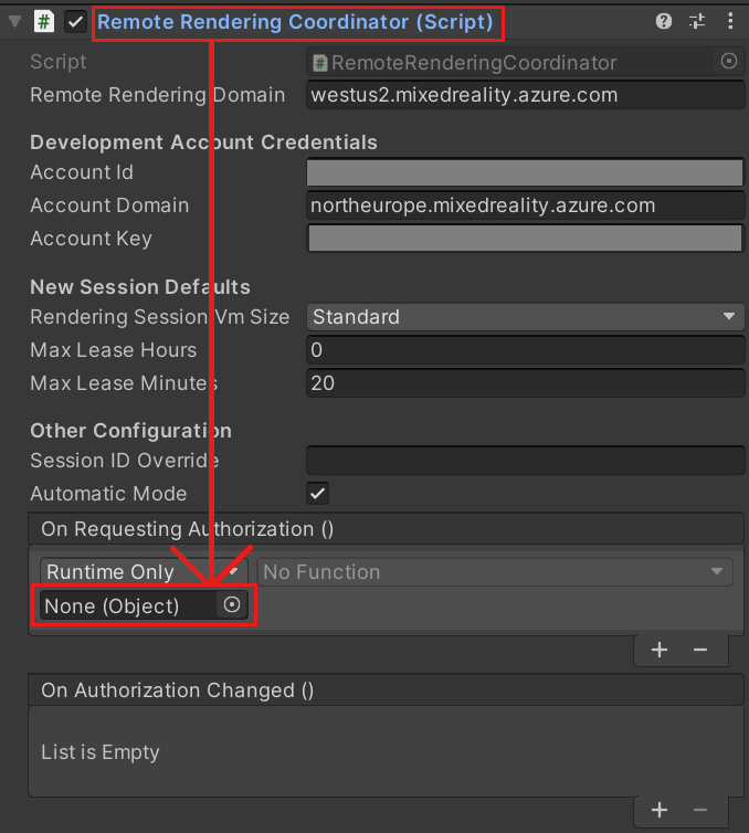 Captura de pantalla del inspector de Unity del script de coordinador de Remote Rendering. La barra de título del componente está resaltada y una flecha la conecta al evento Al solicitar autorización.