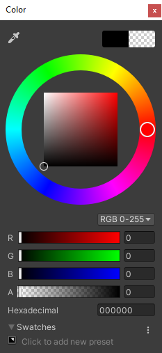Captura de pantalla del cuadro de diálogo Rueda de color de Unity. El color se establece en 0 para todos los componentes de RGBA.