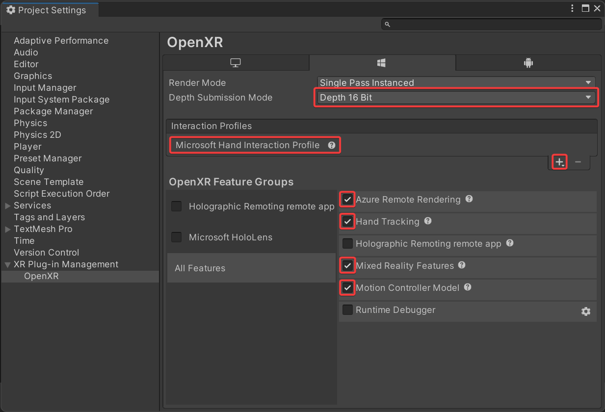 Captura de pantalla del cuadro de diálogo Configuración del proyecto de Unity. La subentrada Abrir XR está seleccionada en la lista de la izquierda. Los destacados del lado derecho se colocan en Modo de envío de profundidad, Perfiles de interacción y la configuración de características de Abrir XR.