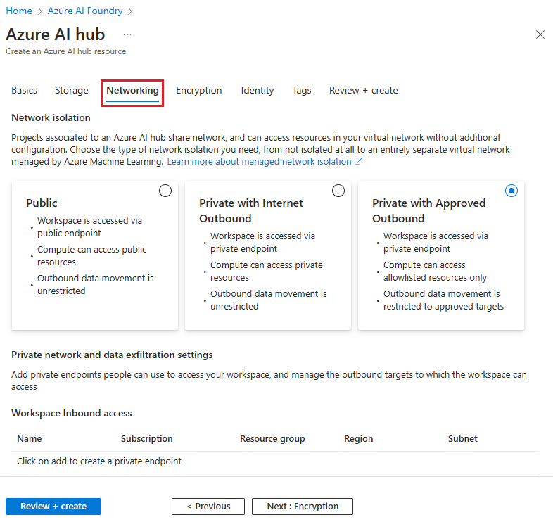 Captura de pantalla de la opción para Crear un centro de Azure AI con la opción para establecer la información de aislamiento de red.