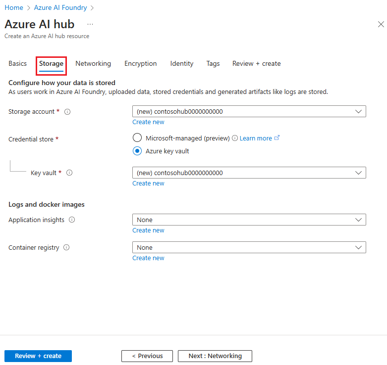 Captura de pantalla de la opción para Crear un centro de Azure AI con la opción para establecer información de los recursos.