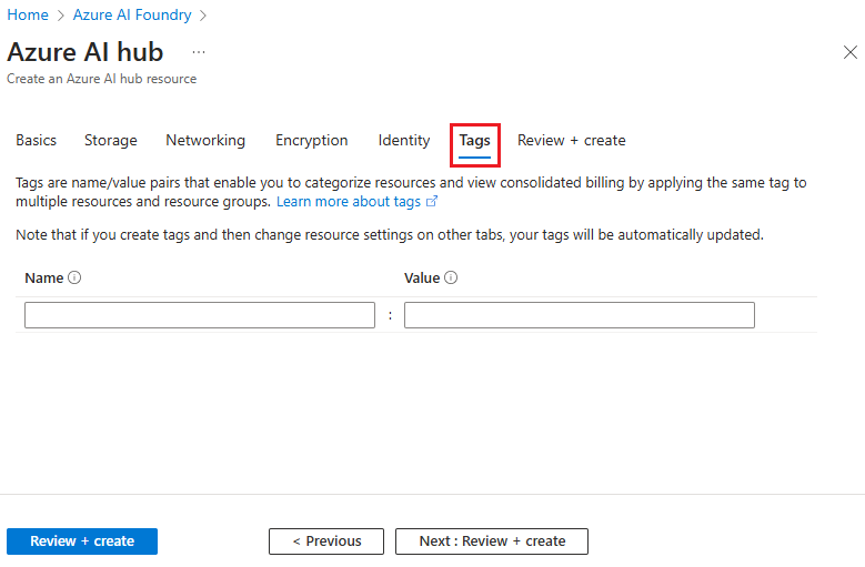 Captura de pantalla de la opción para Crear un centro de Azure AI con la opción para agregar etiquetas.