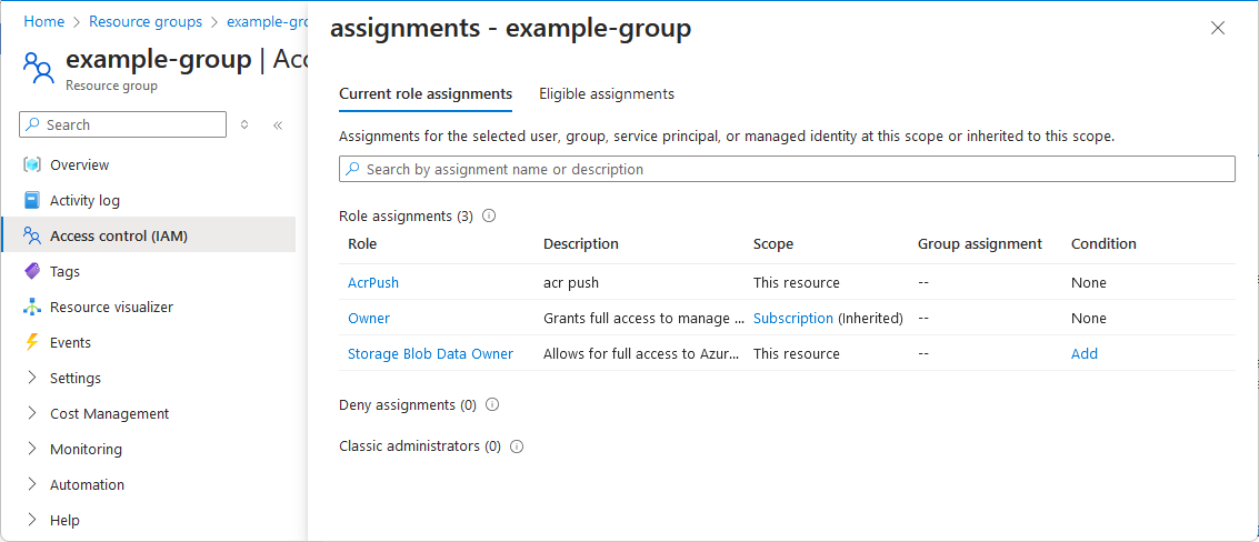 Captura de pantalla del panel de asignaciones de roles y denegaciones.