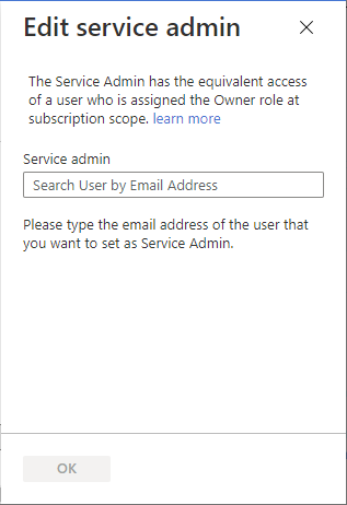 Captura de pantalla que muestra la página Edit service admin (Editar administrador de servicios)