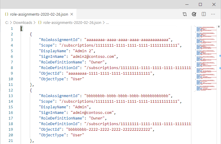 Captura de pantalla de las asignaciones de roles descargadas en formato JSON.